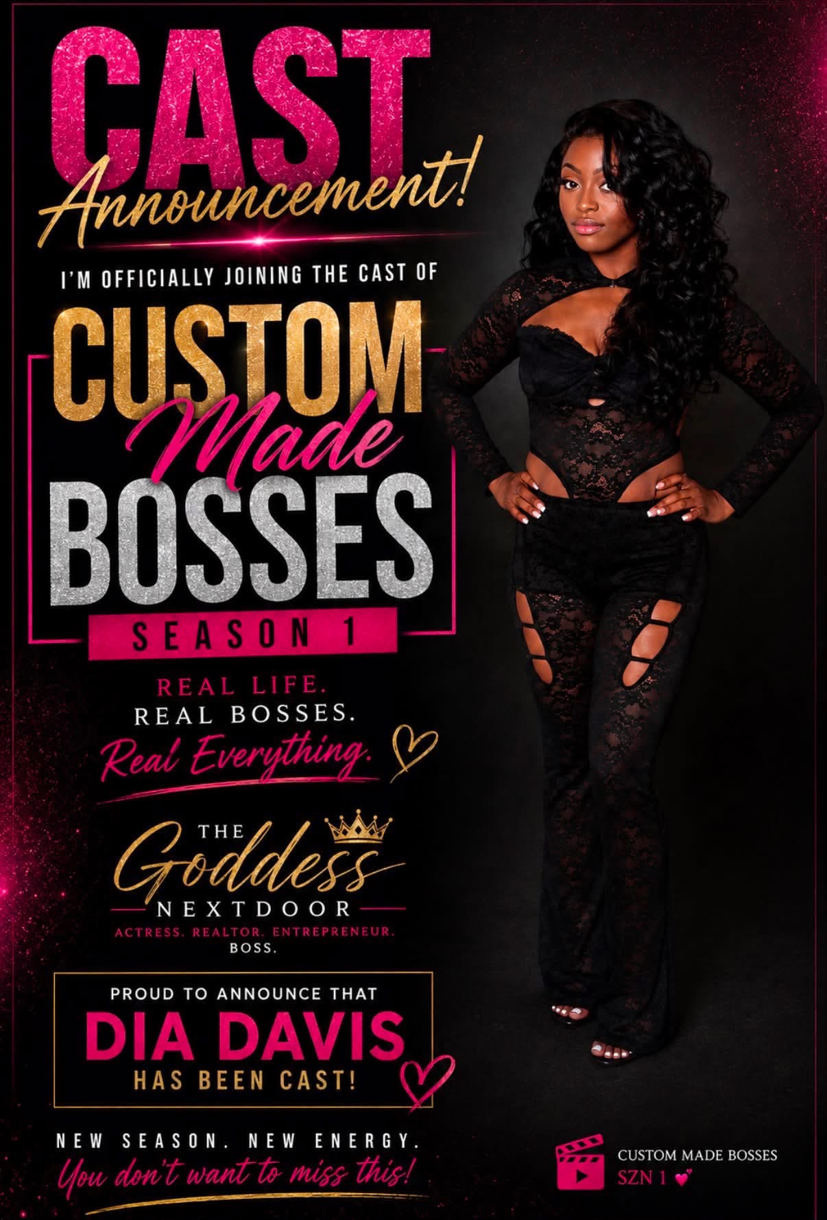Dia Davis's cast announcement poster for Custom Made Bosses Season 1